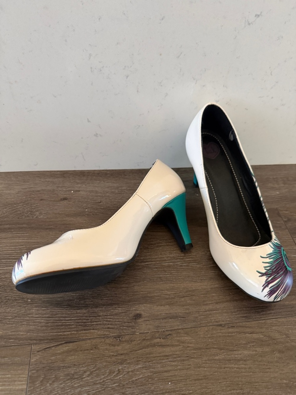 White Heels with Teal & Purple Peacock Feather Accent - Picture 9 of 9